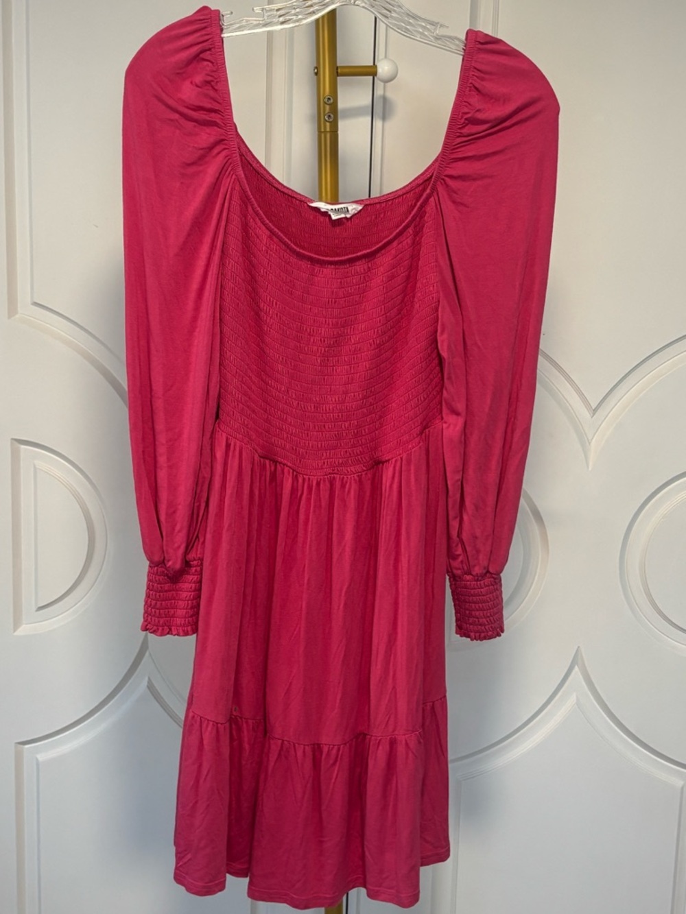 BB Dakota Pink Smocked Mini Dress Size S Puff Sleeve Square Neck Tiered Babydoll